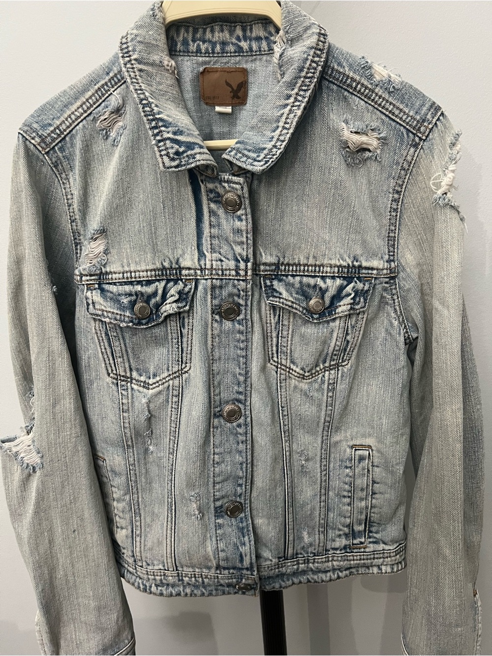 American Eagle Outfitters Light Blue Distressed Denim Jacket